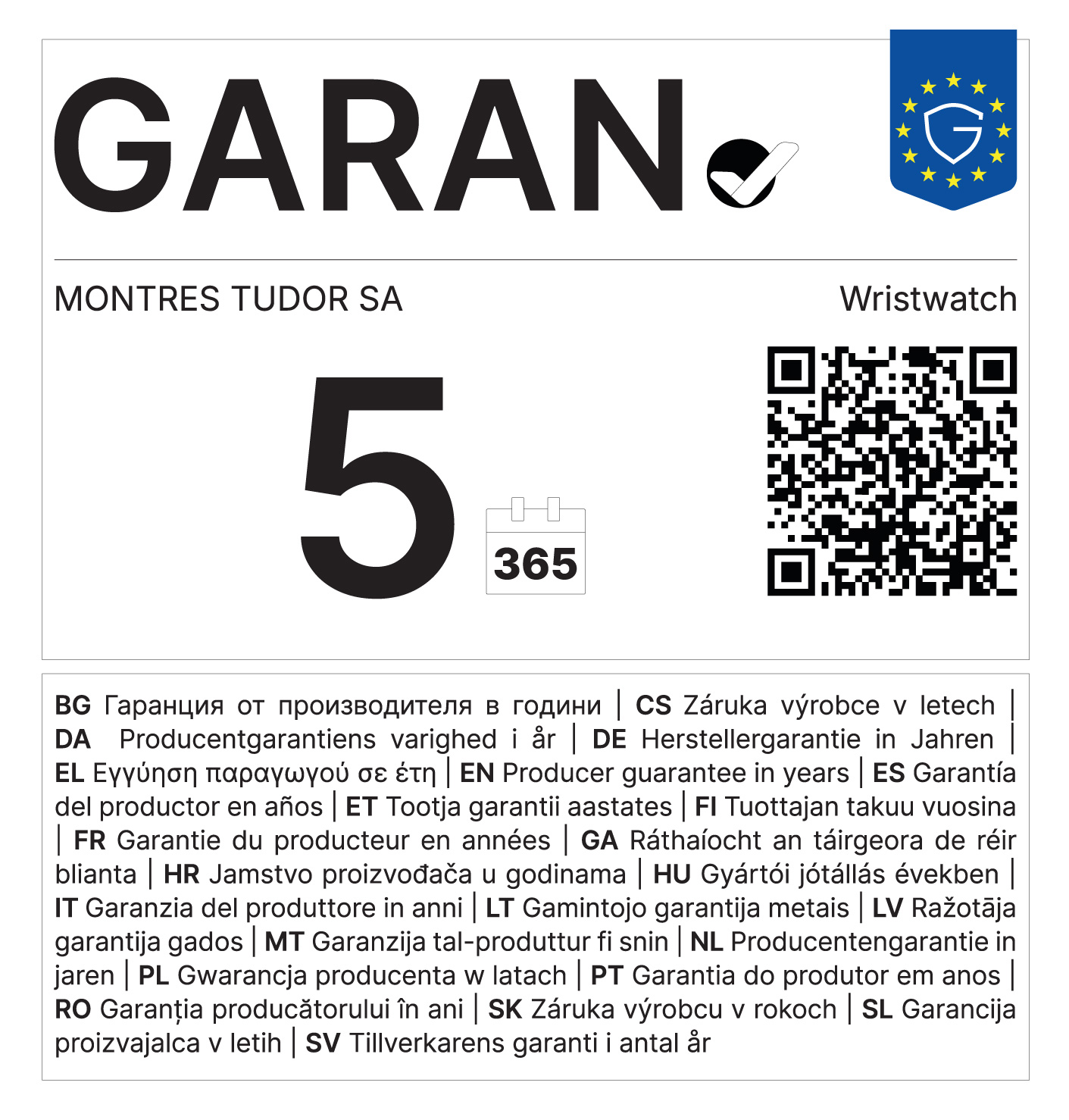 Etichetta GARAN: garanzia commerciale di durabilità del produttore.